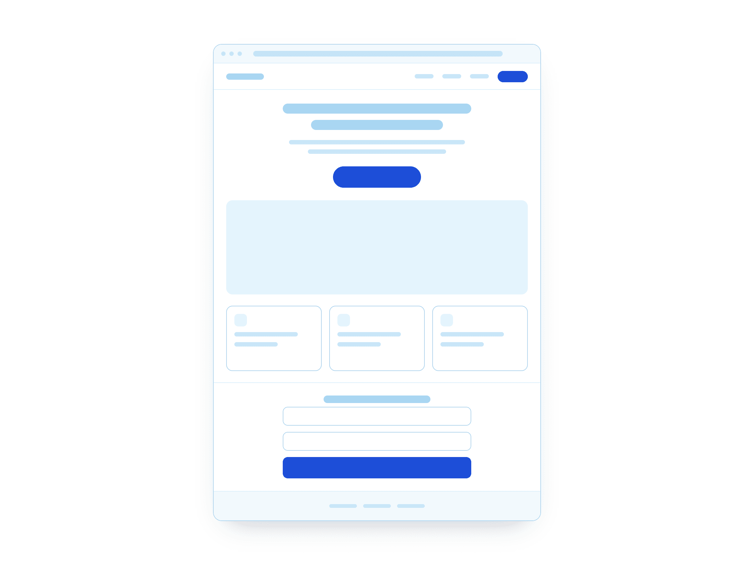 Szkic układu landing page’a: jeden ekran z nagłówkiem, przyciskiem akcji, trzema kafelkami usług i formularzem kontaktowym na dole.